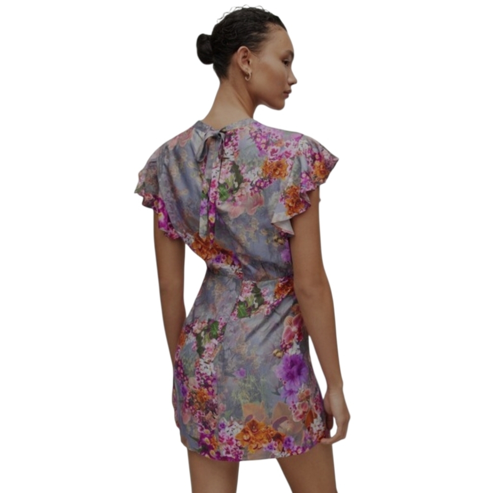 All Saints Jemille Lucia Silk Blend Lined Mini Dress Flutter Sleeves Grey Floral - Picture 4 of 16